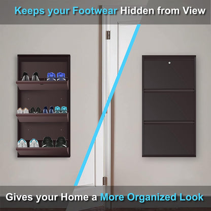 3 Tier Metal Shoe Rack for Home with Doors & Lock | Wall Mount Shoe Cabinet for Home | Space Saving Shoe Organizer Stand for Shoes, Chappals & Sandals. 21 Inch Wide (Brown)