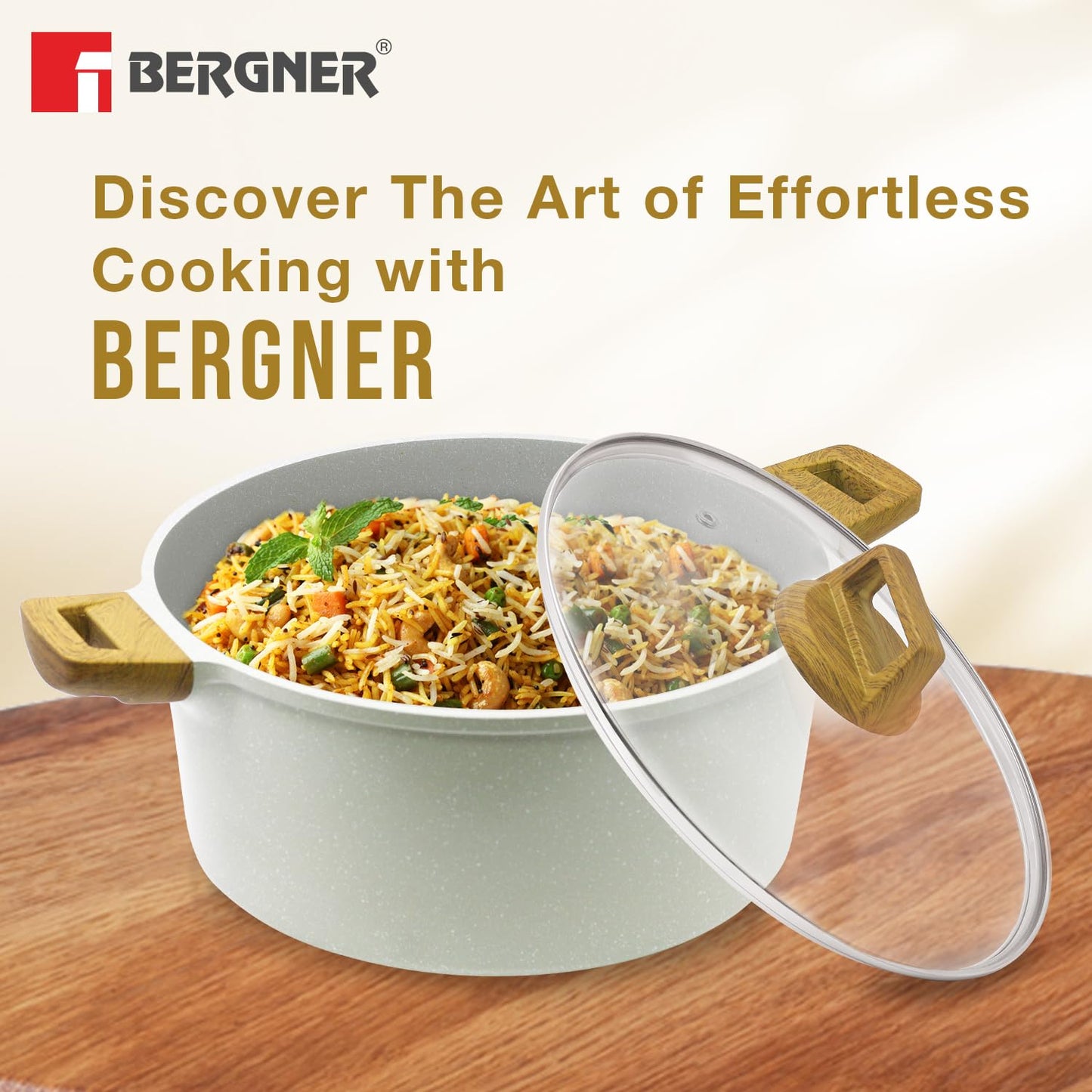 Bergner Naturally Cast Aluminum 28cm (5 L) Casserole with Glass Lid, Marble Non-Stick Coating, Less Oil Use, Scratch Resistant, Soft Touch Stylish Handles - Induction Bottom, Free Non-Woven Trivet
