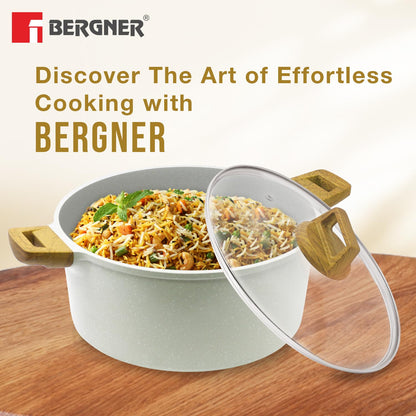 Bergner Naturally Cast Aluminum 28cm (5 L) Casserole with Glass Lid, Marble Non-Stick Coating, Less Oil Use, Scratch Resistant, Soft Touch Stylish Handles - Induction Bottom, Free Non-Woven Trivet