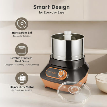 Prestige Vertical PVG 1.5 Wet Grinder with Stainless Steel Drum 200 W, 1.5 L (Black & Orange)