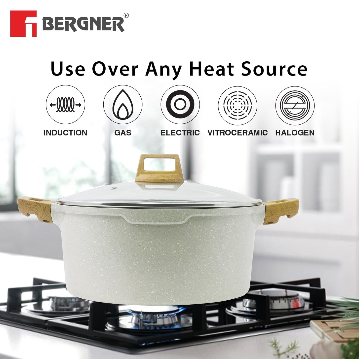 Bergner Naturally Cast Aluminum 28cm (5 L) Casserole with Glass Lid, Marble Non-Stick Coating, Less Oil Use, Scratch Resistant, Soft Touch Stylish Handles - Induction Bottom, Free Non-Woven Trivet