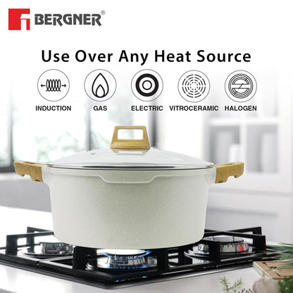 Bergner Naturally Cast Aluminum 28cm (5 L) Casserole with Glass Lid, Marble Non-Stick Coating, Less Oil Use, Scratch Resistant, Soft Touch Stylish Handles - Induction Bottom, Free Non-Woven Trivet