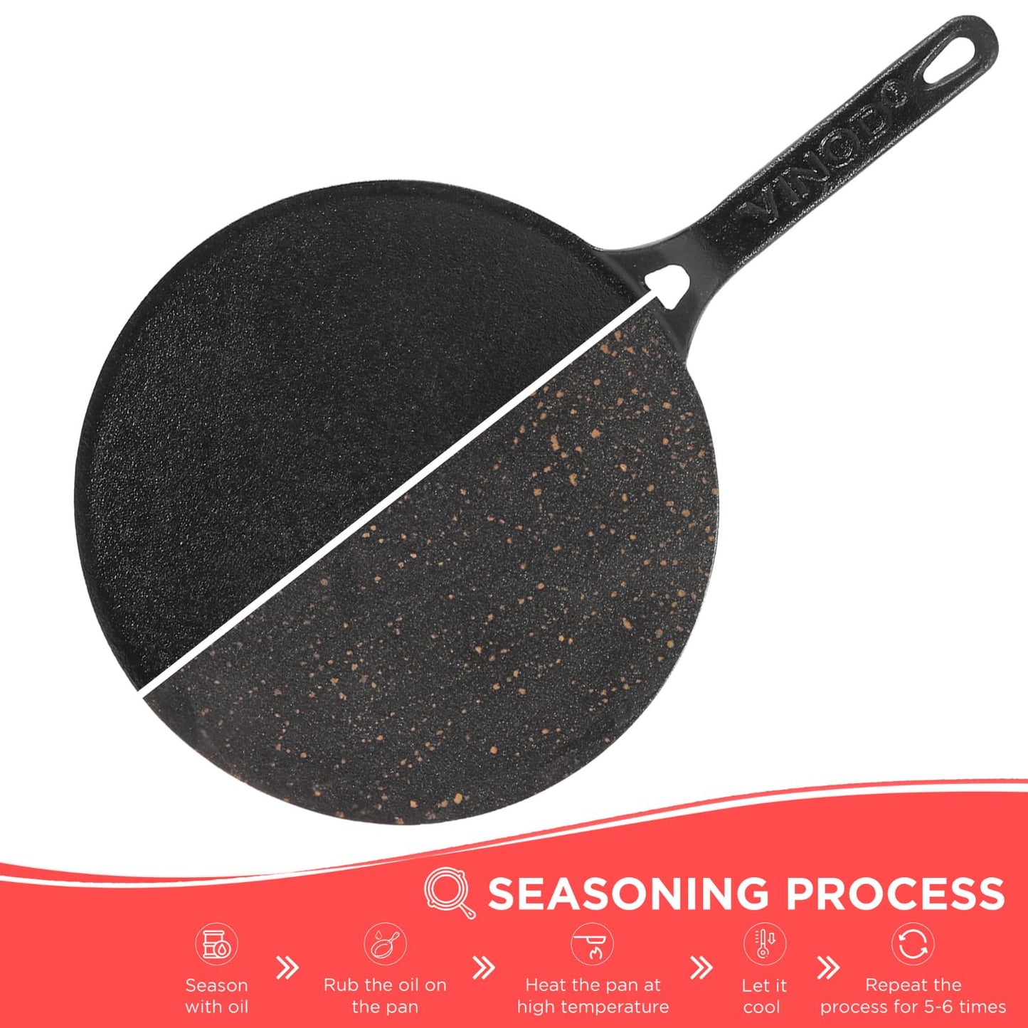 Vinod Legacy Cast Iron Roti Tawa 26 Cm | Pre-Seasoned Chapati/Phulka Tawa with Handle | Rust-Proof, Toxin-Free, Naturally Stick Free | Pure Cast Iron | Gas Compatible