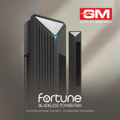 GM Fortune Bladeless Tower Fan with Air Purifier | Super Silent Operation | 90° Horizontal Oscillation | 3 Speed Modes | Up to 8 Hours Timer | Remote for Easy Access | Stylish, Compact Design - Black