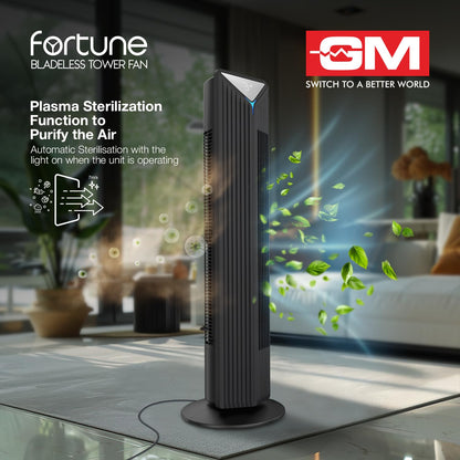 GM Fortune Bladeless Tower Fan with Air Purifier | Super Silent Operation | 90° Horizontal Oscillation | 3 Speed Modes | Up to 8 Hours Timer | Remote for Easy Access | Stylish, Compact Design - Black