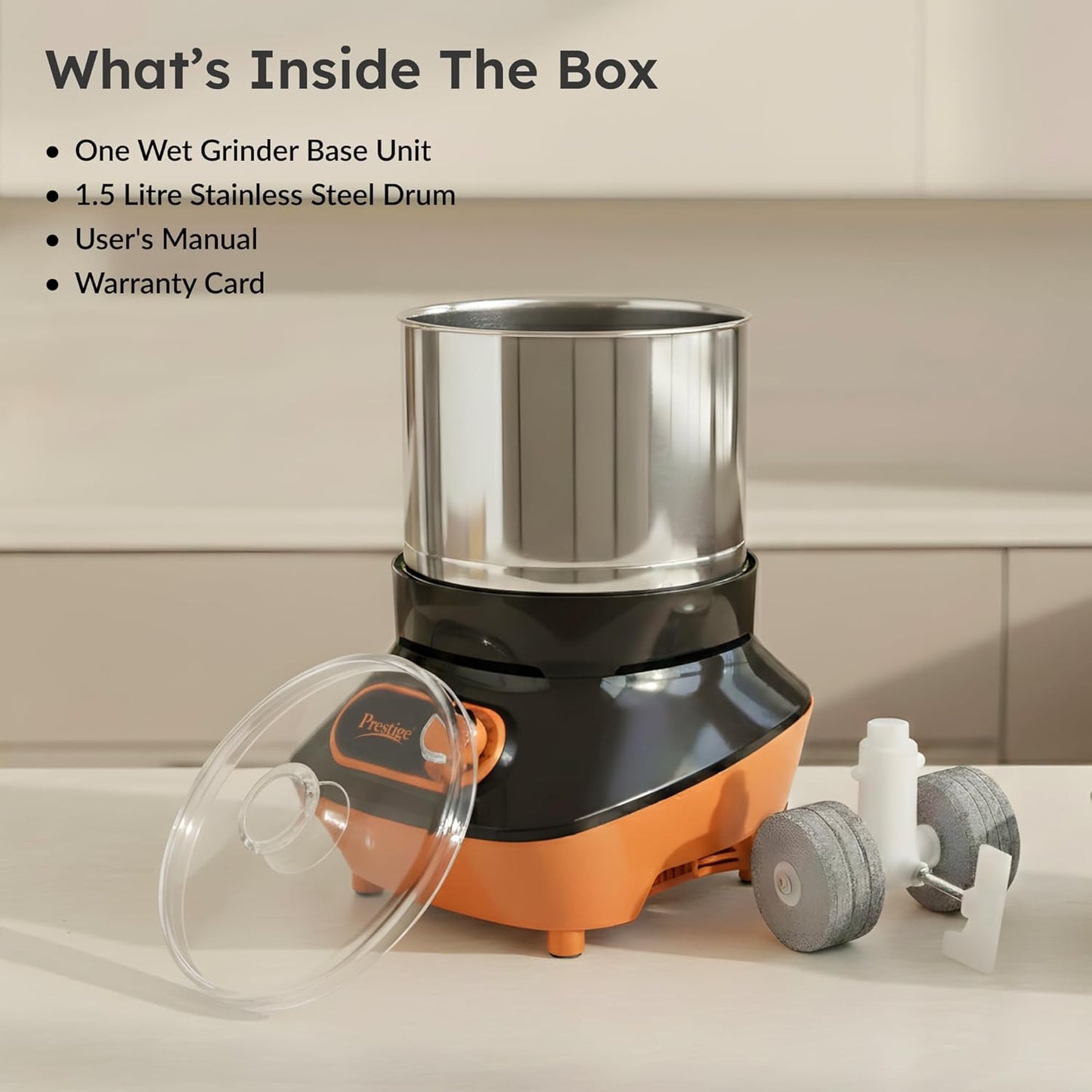 Prestige Vertical PVG 1.5 Wet Grinder with Stainless Steel Drum 200 W, 1.5 L (Black & Orange)