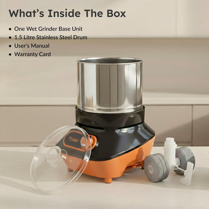 Prestige Vertical PVG 1.5 Wet Grinder with Stainless Steel Drum 200 W, 1.5 L (Black & Orange)