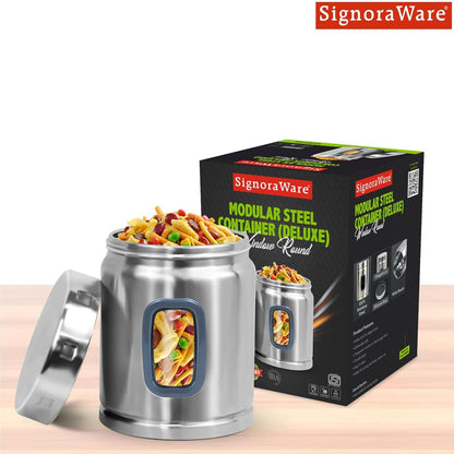 Signoraware 1 Ltr Modular Stainless Steel Deluxe Window Round Container | Airtight & Leakproof | Durable | Kitchen & Pantry Storage | Space Saving | Ideal for Dry Fruits & Snacks Storage (Steel)