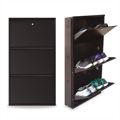 3 Tier Metal Shoe Rack for Home with Doors & Lock | Wall Mount Shoe Cabinet for Home | Space Saving Shoe Organizer Stand for Shoes, Chappals & Sandals. 21 Inch Wide (Brown)