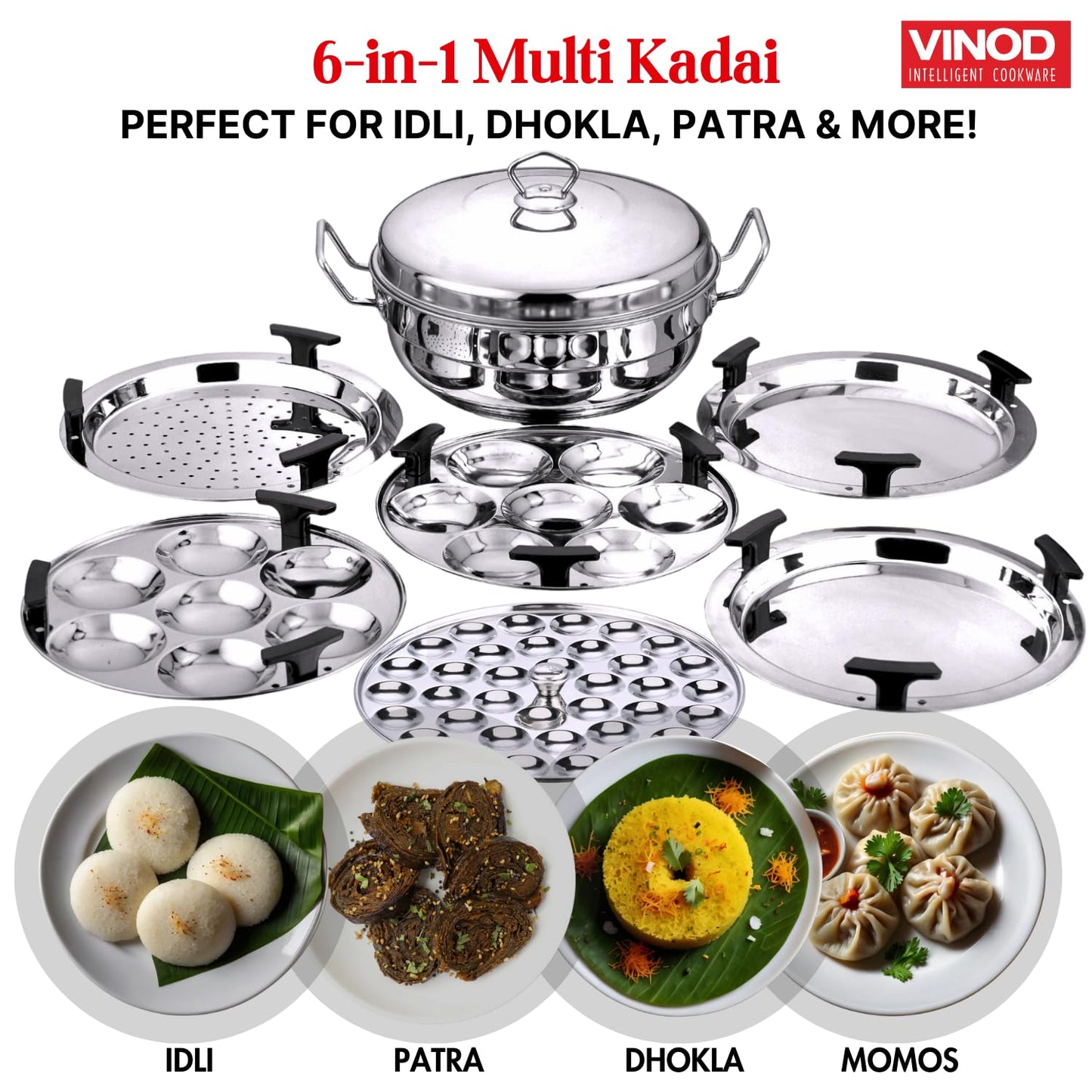 Vinod Stainless Steel Deluxe Multi Kadai with 6 Plates - 26cm, 2 Idli, 2 Dhokla,1 Patra and 1 Mini Idli Plate | Dhokla and Momos Steamer, Maker,Induction Friendly, 3.8 litres