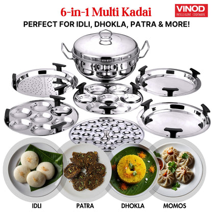Vinod Stainless Steel Deluxe Multi Kadai with 6 Plates - 26cm, 2 Idli, 2 Dhokla,1 Patra and 1 Mini Idli Plate | Dhokla and Momos Steamer, Maker,Induction Friendly, 3.8 litres