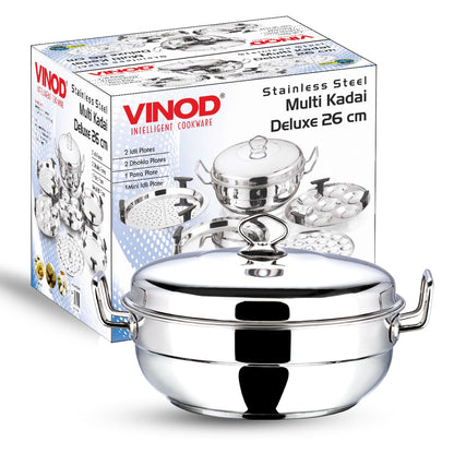 Vinod Stainless Steel Deluxe Multi Kadai with 6 Plates - 26cm, 2 Idli, 2 Dhokla,1 Patra and 1 Mini Idli Plate | Dhokla and Momos Steamer, Maker,Induction Friendly, 3.8 litres