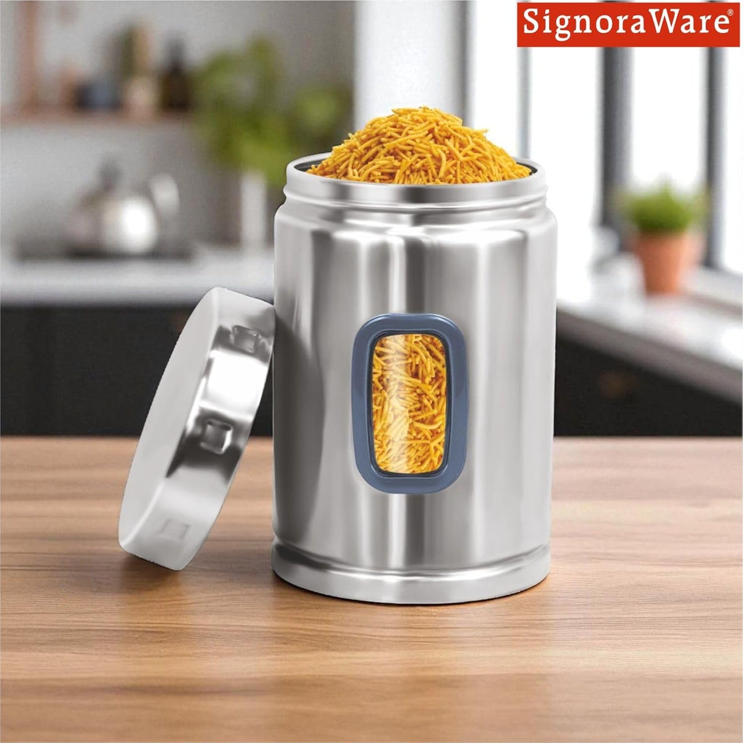 Signoraware 2000ML Modular Stainless Steel Deluxe Window Round Container | Airtight & Leakproof | Durable | Kitchen & Pantry Storage | Space Saving | Ideal for Dry Fruits & Snacks Storage (Steel)