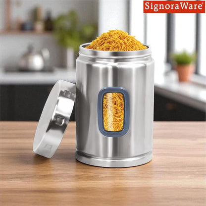 Signoraware 2000ML Modular Stainless Steel Deluxe Window Round Container | Airtight & Leakproof | Durable | Kitchen & Pantry Storage | Space Saving | Ideal for Dry Fruits & Snacks Storage (Steel)