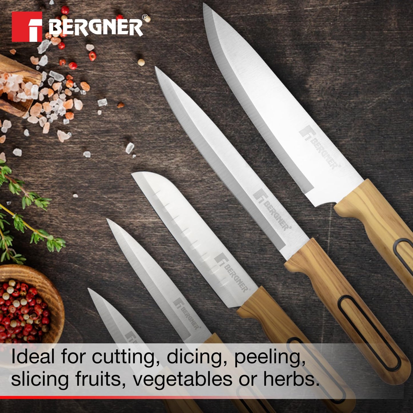 BERGNER Olive Garden Stainless Steel 6 Pcs Knife Set - Kitchen Knife Set of Chef Knife, Santoku Knife, Slicer Knife, Utility Knife, Paring Knife with Wooden Knife Block, Durable, Soft Touch Handle