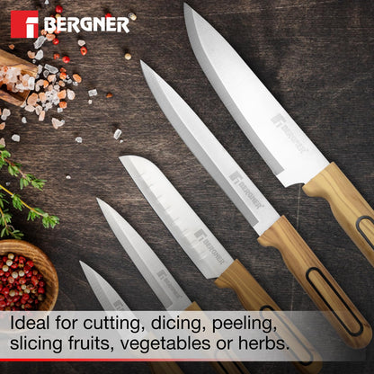 BERGNER Olive Garden Stainless Steel 6 Pcs Knife Set - Kitchen Knife Set of Chef Knife, Santoku Knife, Slicer Knife, Utility Knife, Paring Knife with Wooden Knife Block, Durable, Soft Touch Handle