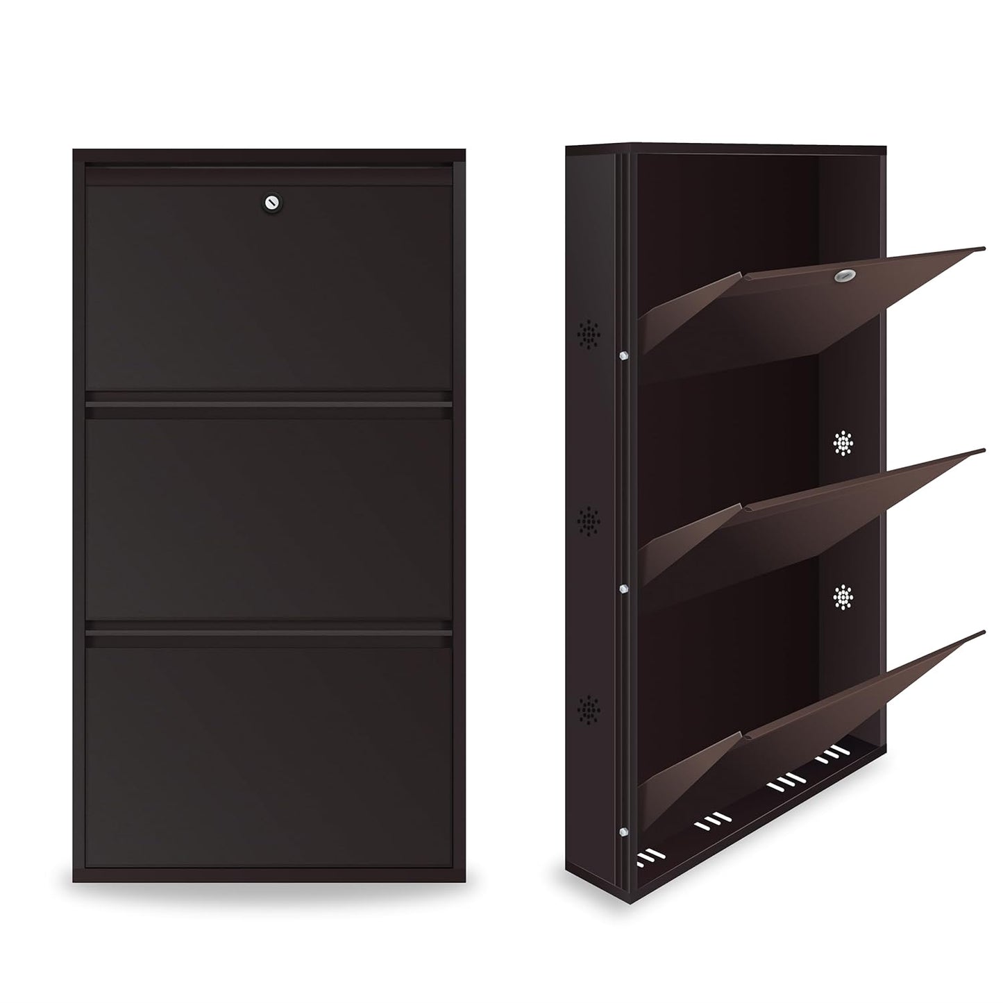 3 Tier Metal Shoe Rack for Home with Doors & Lock | Wall Mount Shoe Cabinet for Home | Space Saving Shoe Organizer Stand for Shoes, Chappals & Sandals. 21 Inch Wide (Brown)