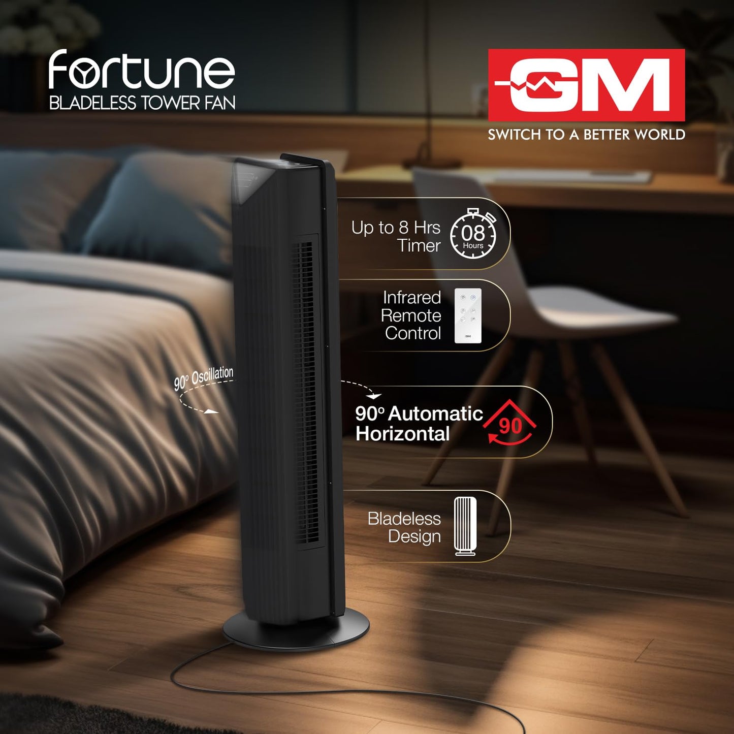 GM Fortune Bladeless Tower Fan with Air Purifier | Super Silent Operation | 90° Horizontal Oscillation | 3 Speed Modes | Up to 8 Hours Timer | Remote for Easy Access | Stylish, Compact Design - Black