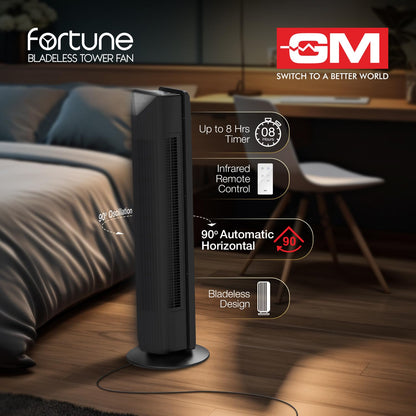 GM Fortune Bladeless Tower Fan with Air Purifier | Super Silent Operation | 90° Horizontal Oscillation | 3 Speed Modes | Up to 8 Hours Timer | Remote for Easy Access | Stylish, Compact Design - Black