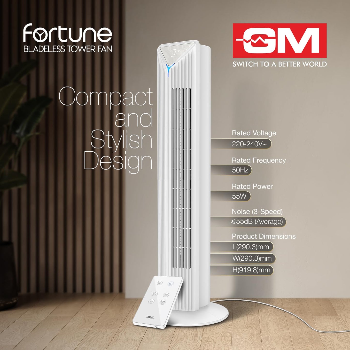 GM Fortune Bladeless Tower Fan with Air Purifier | Super Silent Operation | 90° Horizontal Oscillation | 3 Speed Modes | Up to 8 Hours Timer | Remote for Easy Access | Stylish, Compact Design - White