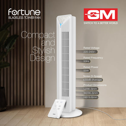 GM Fortune Bladeless Tower Fan with Air Purifier | Super Silent Operation | 90° Horizontal Oscillation | 3 Speed Modes | Up to 8 Hours Timer | Remote for Easy Access | Stylish, Compact Design - White