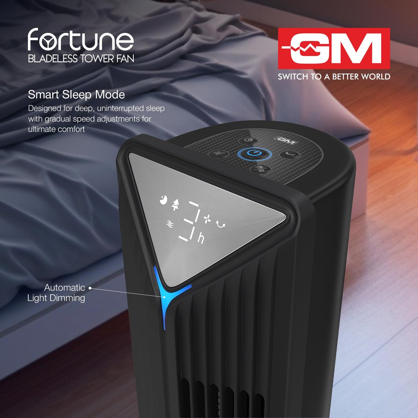 GM Fortune Bladeless Tower Fan with Air Purifier | Super Silent Operation | 90° Horizontal Oscillation | 3 Speed Modes | Up to 8 Hours Timer | Remote for Easy Access | Stylish, Compact Design - Black