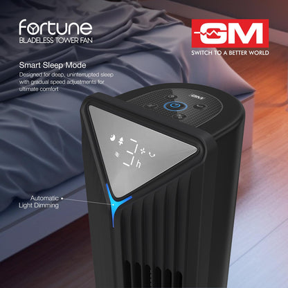 GM Fortune Bladeless Tower Fan with Air Purifier | Super Silent Operation | 90° Horizontal Oscillation | 3 Speed Modes | Up to 8 Hours Timer | Remote for Easy Access | Stylish, Compact Design - Black