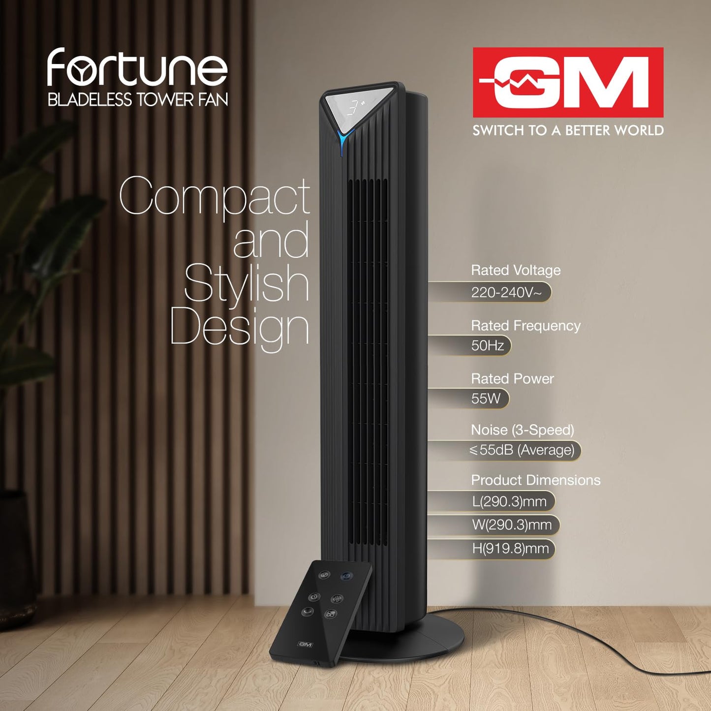 GM Fortune Bladeless Tower Fan with Air Purifier | Super Silent Operation | 90° Horizontal Oscillation | 3 Speed Modes | Up to 8 Hours Timer | Remote for Easy Access | Stylish, Compact Design - Black