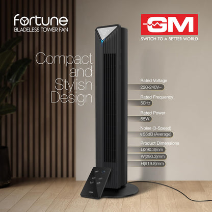 GM Fortune Bladeless Tower Fan with Air Purifier | Super Silent Operation | 90° Horizontal Oscillation | 3 Speed Modes | Up to 8 Hours Timer | Remote for Easy Access | Stylish, Compact Design - Black