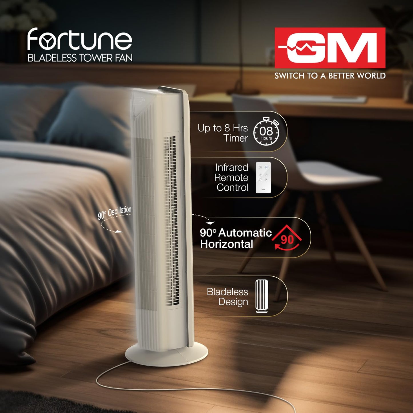 GM Fortune Bladeless Tower Fan with Air Purifier | Super Silent Operation | 90° Horizontal Oscillation | 3 Speed Modes | Up to 8 Hours Timer | Remote for Easy Access | Stylish, Compact Design - White
