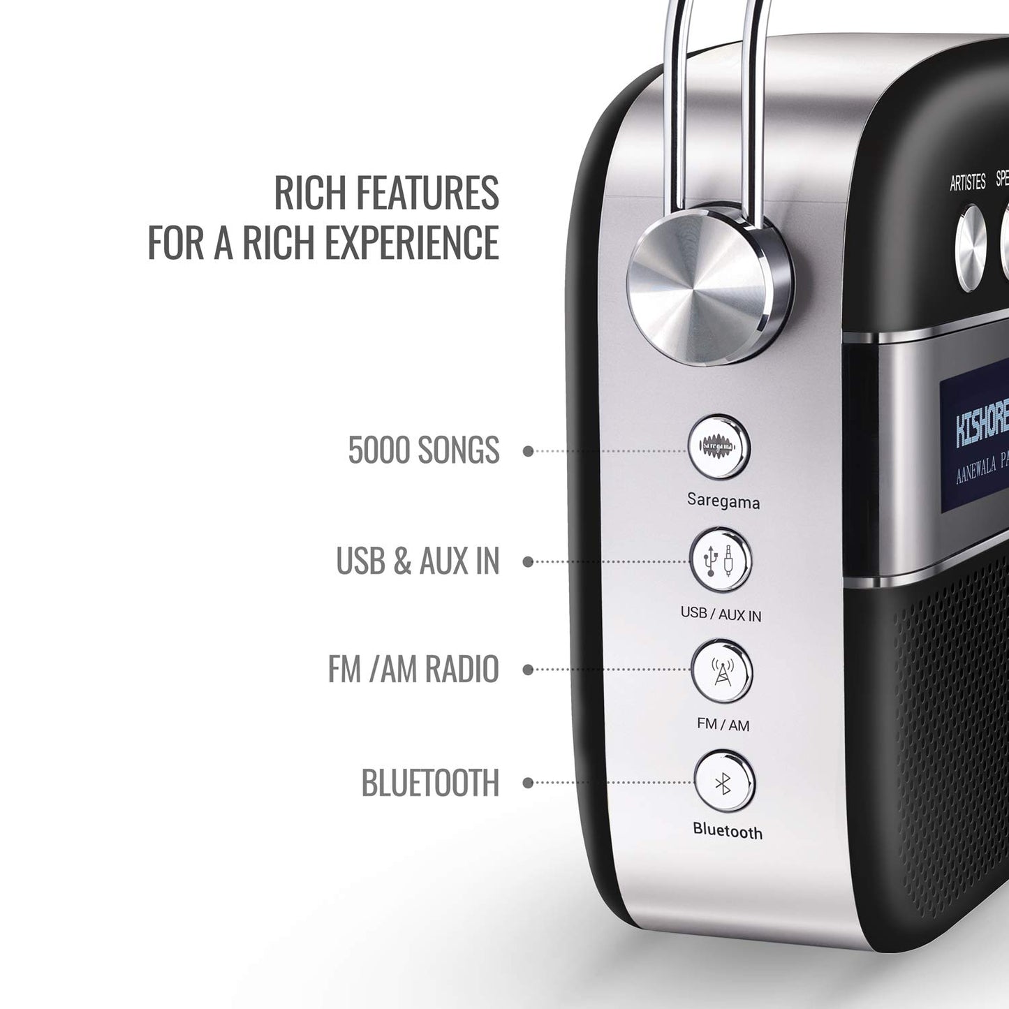 Saregama Carvaan 2.0 Hindi Portable Music Player 5000 Pre-Loaded Songs with Podcast, FM/BT/AUX (Classic Black)