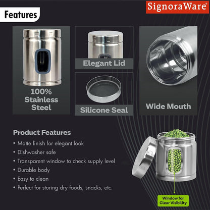 Signoraware 750ml Modular Stainless Steel Deluxe Window Round Container | Airtight & Leakproof | Durable | Kitchen & Pantry Storage | Space Saving | Ideal for Dry Fruits & Snacks Storage (Steel)