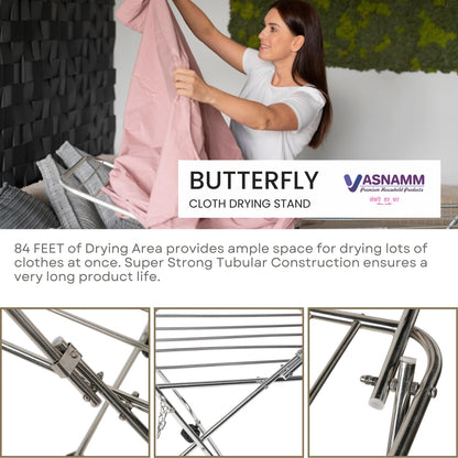 Vasnam Stainless Steel Floor Cloth Dryer Stand Butterfly Design | 25 Rods 3-Tier Foldable Laundry Drying Rack with Wheels | Heavy Duty Rustproof Clothes Stand for Home