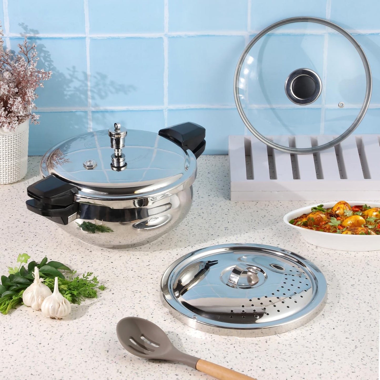 Vinod Magic Stainless Steel 3-in-1 Pressure Cooker, 5.5 L | 5 mm Thick Base with Strainer & Glass Lid | Multi-Purpose Cooker for Rice & Curries | ISI Certified | Induction & Gas Base | 2 Yr Warranty