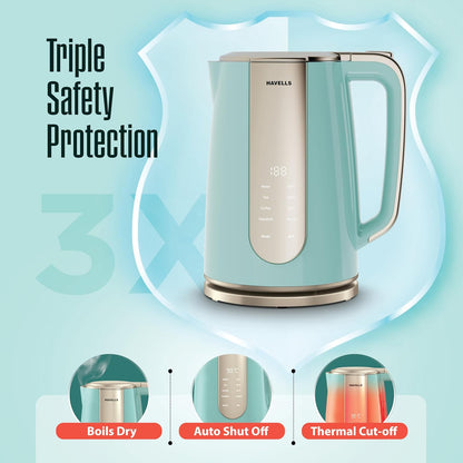 Havells CRAFT Kettle | OptiHeat Technology | Real Time Temperature Display | 12 Hour Keep Warm Function | Strix Controller for 5x Lifespan | Triple Safety Protection (Blue & Gold)