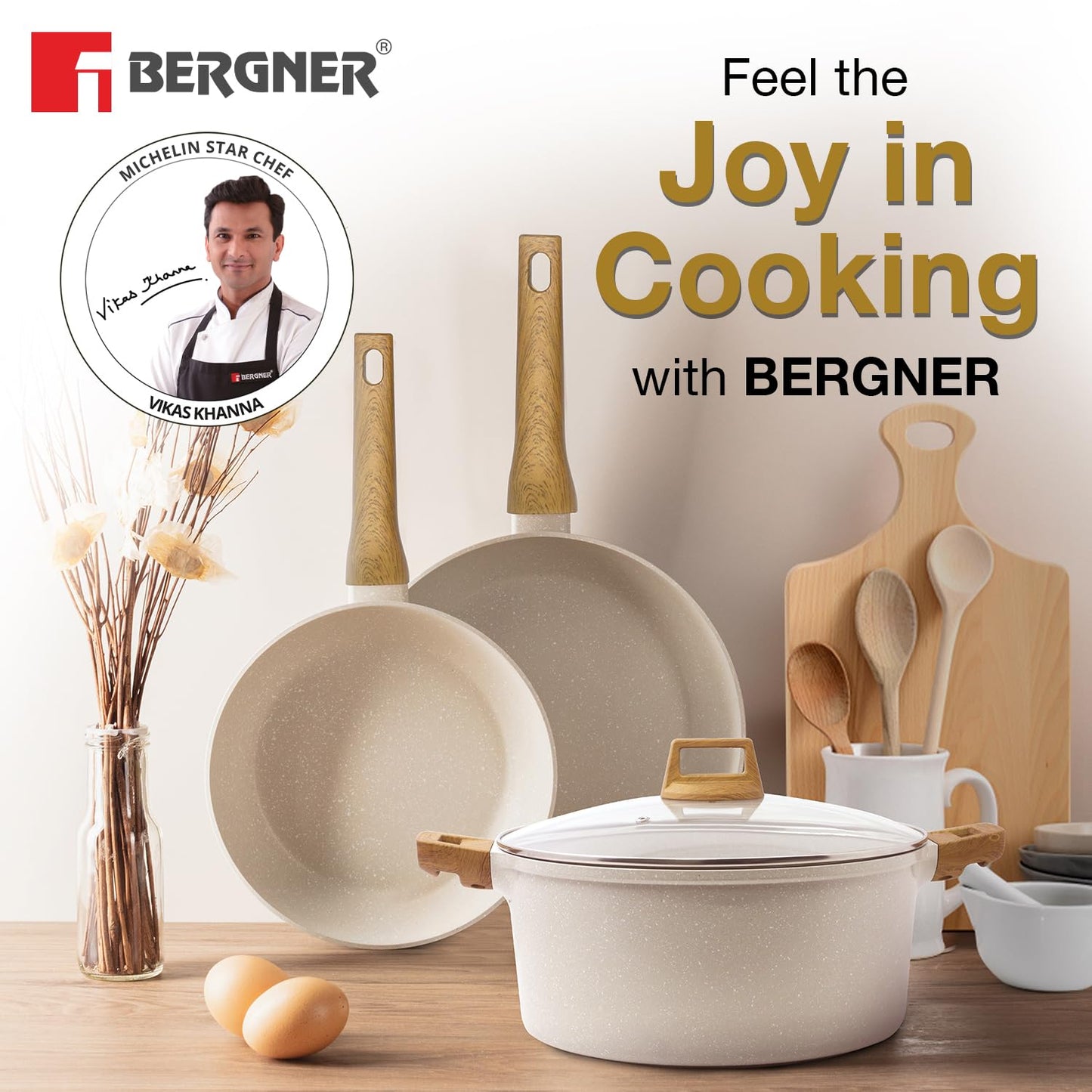 Bergner Naturally Forged Aluminum 24cm Frypan, Marble Non-Stick Coating, Less Oil Use, Scratch Resistant Frying Pan, Durable, Soft Touch Handle, Easy to Clean - Induction Bottom, Free Non-Woven Trivet