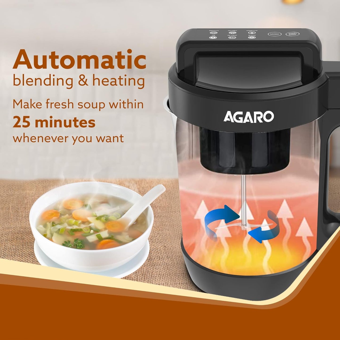 AGARO Elite Soup Maker, 1 Litre, Automatic Blending & Heating,6 Preset Cooking Functions, Copper Motor, Stainless Steel Blades, Grey