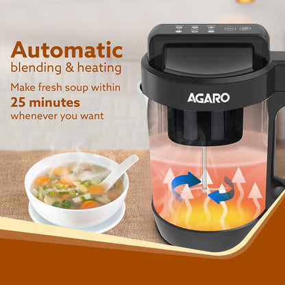 AGARO Elite Soup Maker, 1 Litre, Automatic Blending & Heating,6 Preset Cooking Functions, Copper Motor, Stainless Steel Blades, Grey
