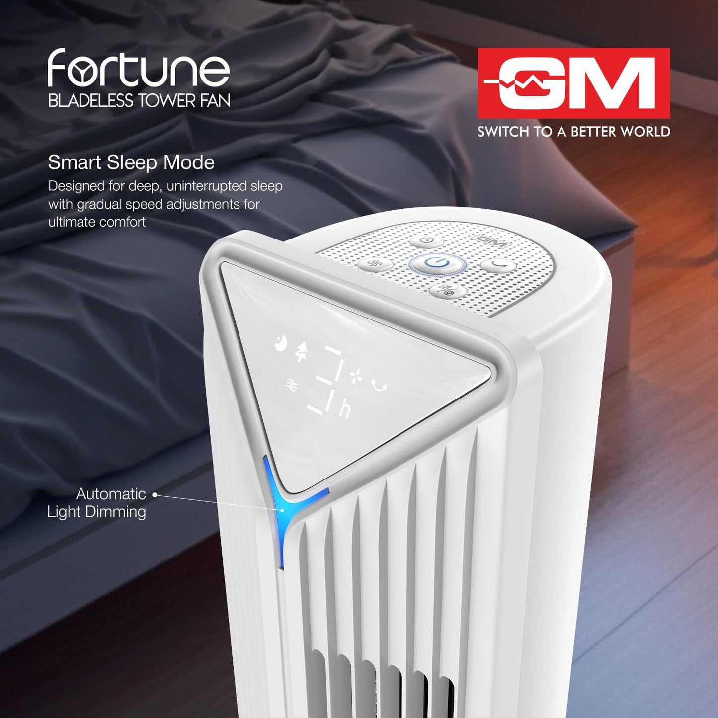 GM Fortune Bladeless Tower Fan with Air Purifier | Super Silent Operation | 90° Horizontal Oscillation | 3 Speed Modes | Up to 8 Hours Timer | Remote for Easy Access | Stylish, Compact Design - White