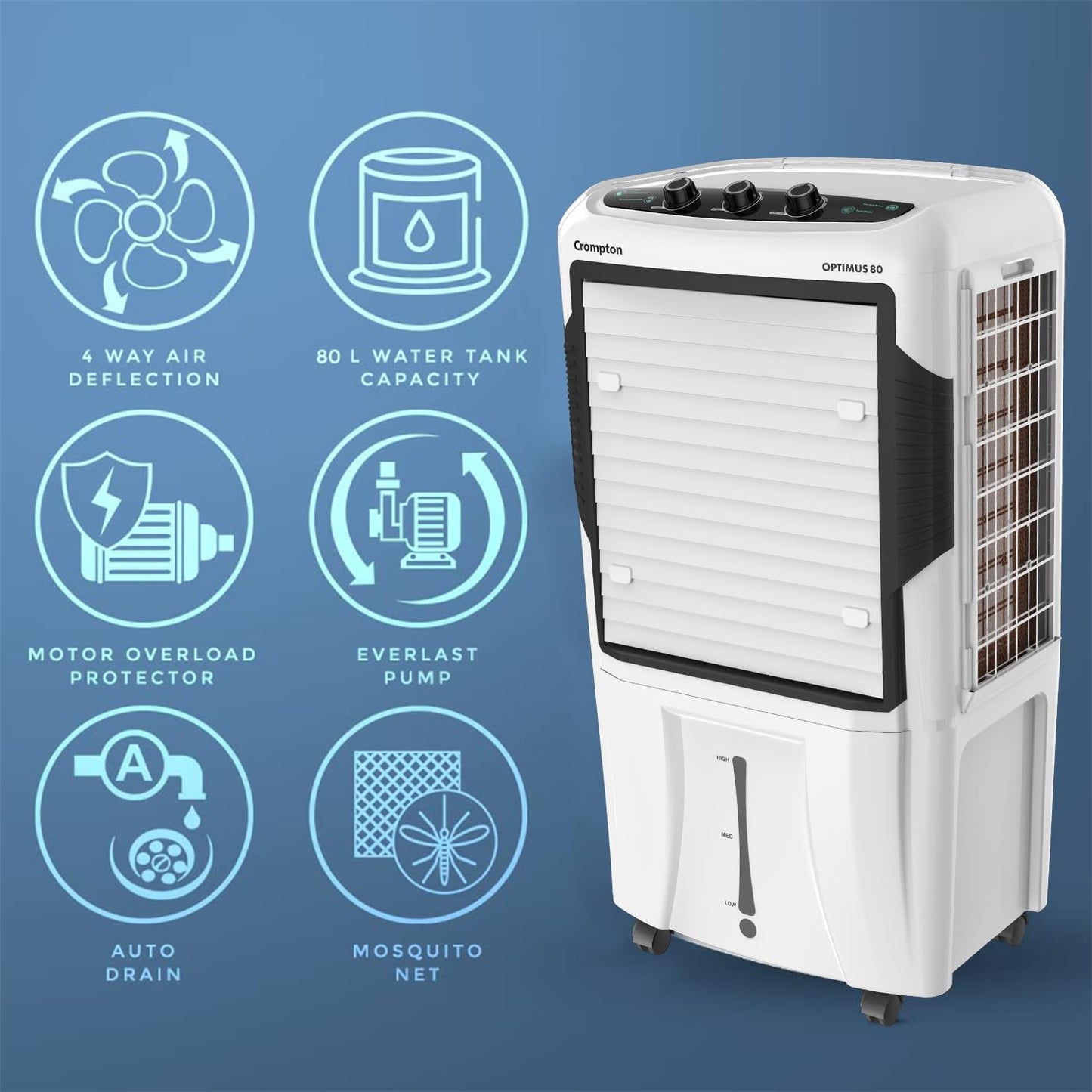 Crompton Optimus Desert Air Cooler 80L| High density honeycomb| Auto fill| Water Level indicator| Fully collapsible Louvers| 4 way Air deflection| Humidity control| Cooling mode & Auto Swing