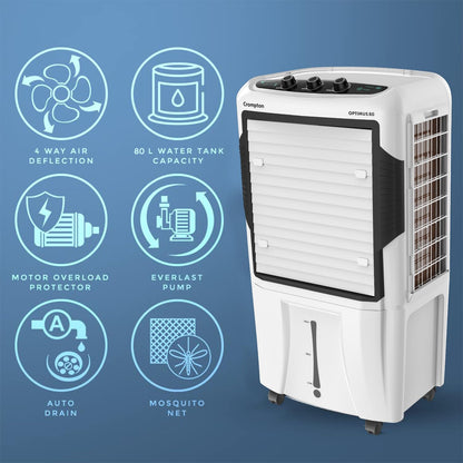Crompton Optimus Desert Air Cooler 80L| High density honeycomb| Auto fill| Water Level indicator| Fully collapsible Louvers| 4 way Air deflection| Humidity control| Cooling mode & Auto Swing