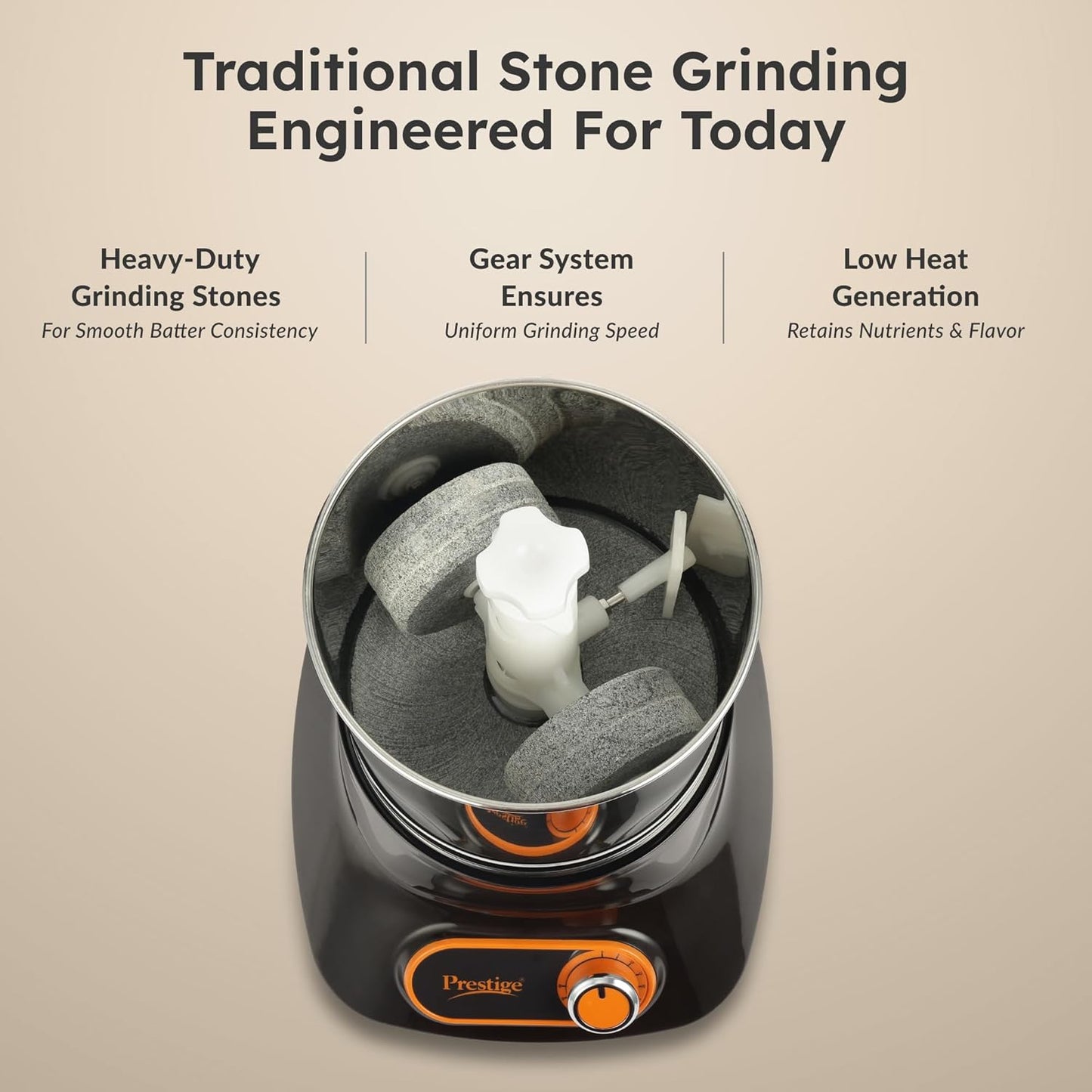 Prestige Vertical PVG 1.5 Wet Grinder with Stainless Steel Drum 200 W, 1.5 L (Black & Orange)