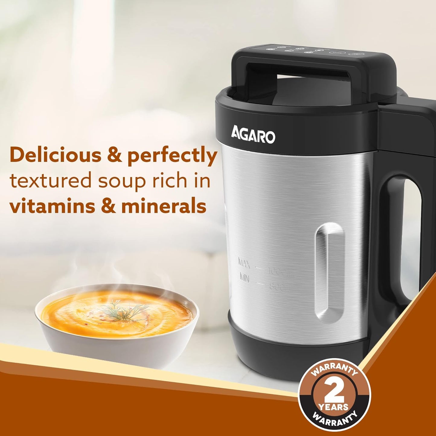 AGARO Elite Soup Maker, 1 Litre, Automatic Blending & Heating,6 Preset Cooking Functions, Copper Motor, Stainless Steel Blades, Grey