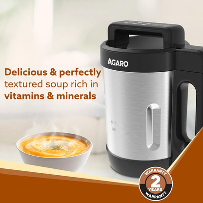 AGARO Elite Soup Maker, 1 Litre, Automatic Blending & Heating,6 Preset Cooking Functions, Copper Motor, Stainless Steel Blades, Grey