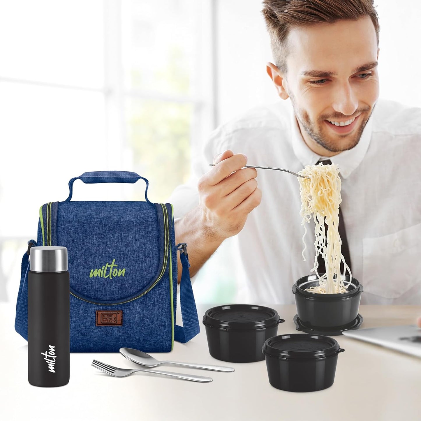MILTON Dazzle Lunch Box, 3 Microwave Safe Inner Steel Containers 320 ml Each, Steel Bottle 430 ml with Cutlery, Tiffin Box Steel, Lunch Box Bags, Blue