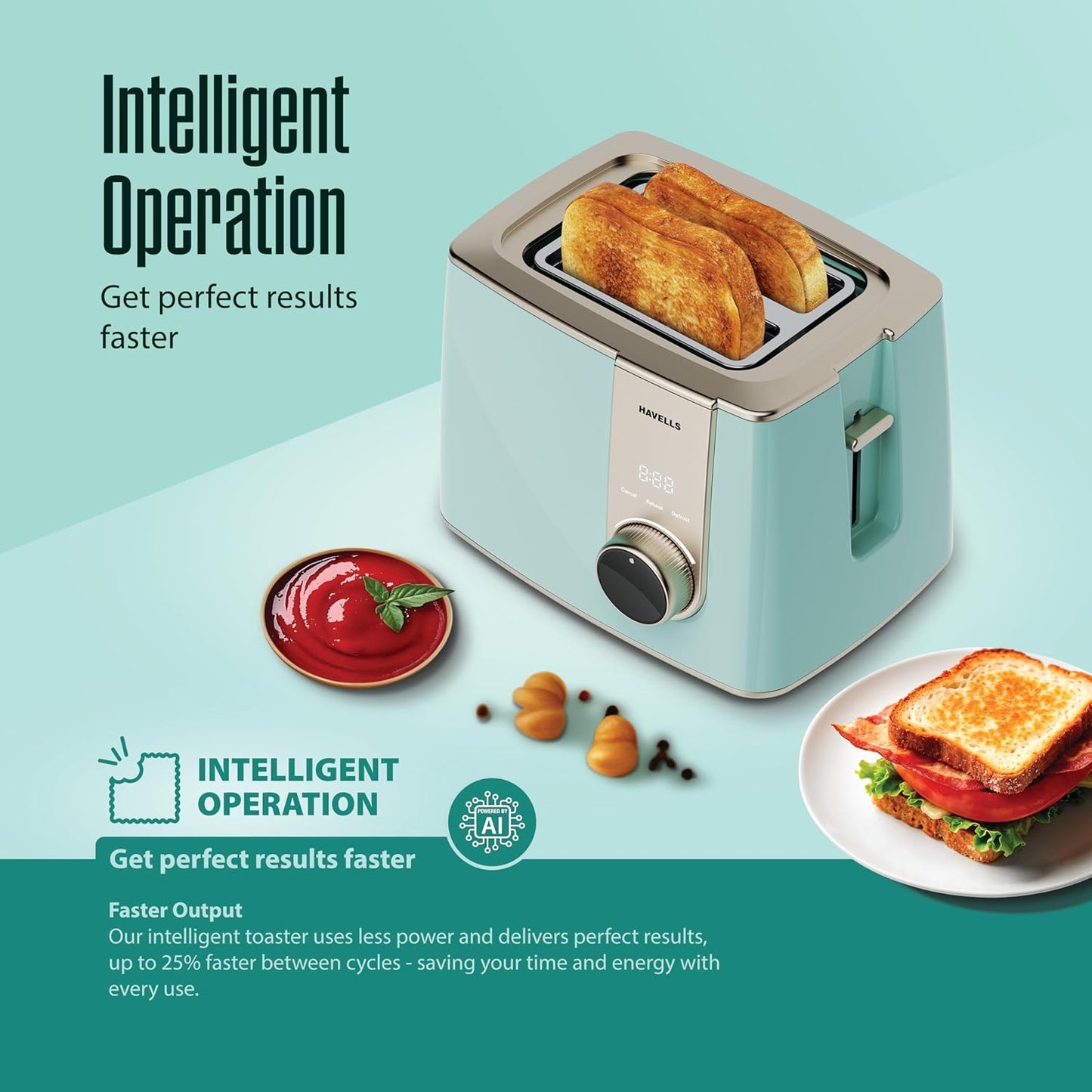 Havells Craft Pop Up Toaster | Display Panel with Touch Control | Custom Browning Level with Timer | Defrost Mode | Reheat Mode | Intelligent Operation (Blue & Gold)