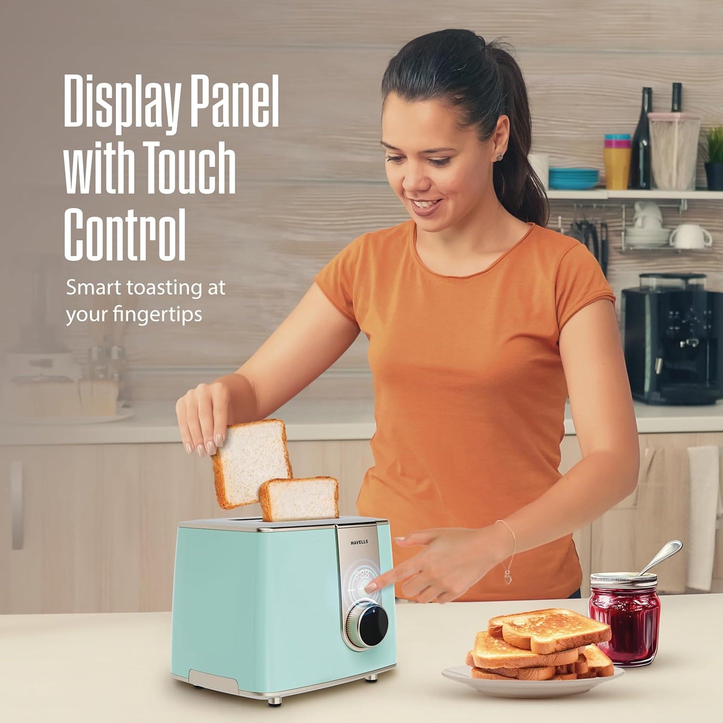 Havells Craft Pop Up Toaster | Display Panel with Touch Control | Custom Browning Level with Timer | Defrost Mode | Reheat Mode | Intelligent Operation (Blue & Gold)
