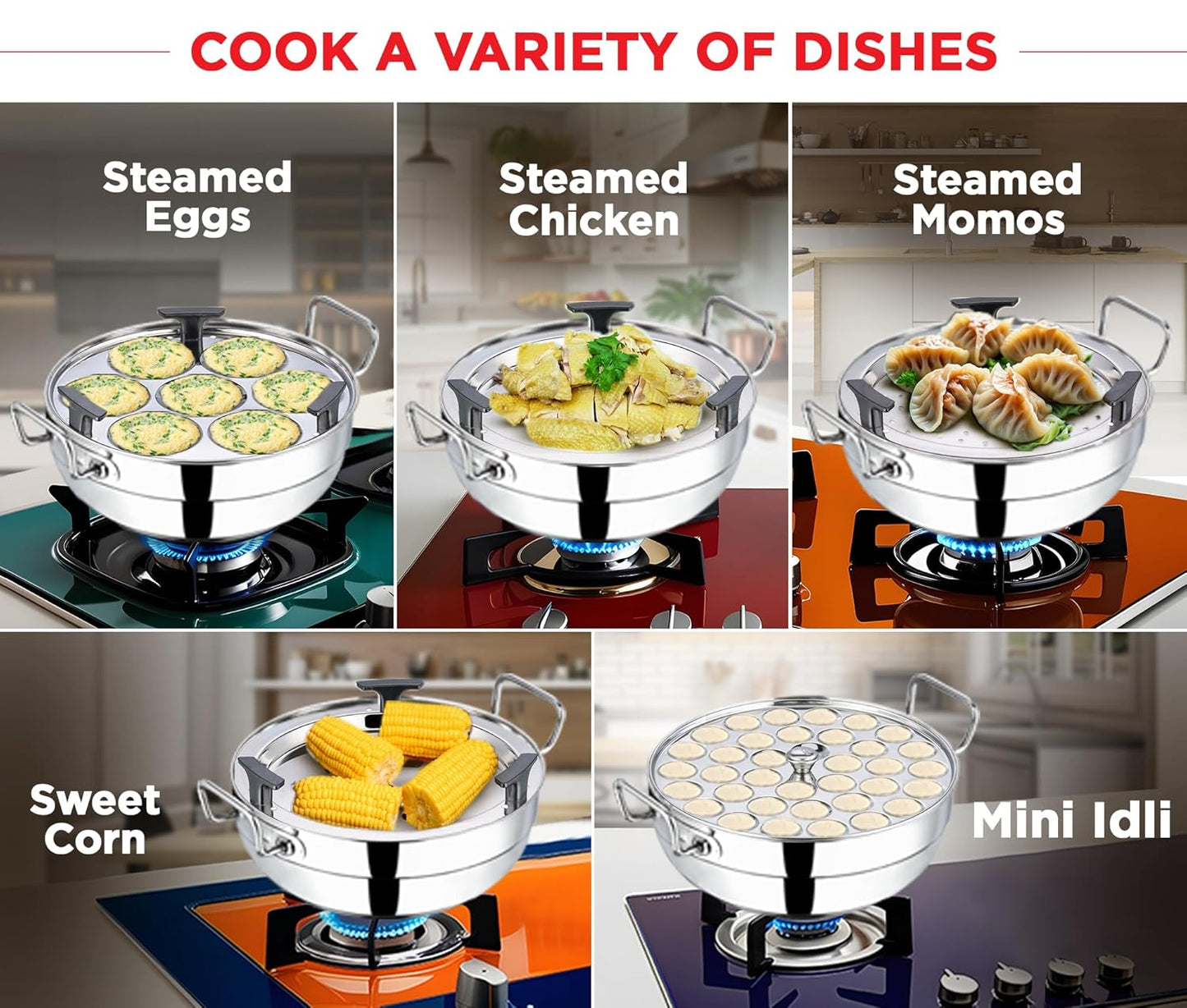 Vinod Stainless Steel Deluxe Multi Kadai with 6 Plates - 26cm, 2 Idli, 2 Dhokla,1 Patra and 1 Mini Idli Plate | Dhokla and Momos Steamer, Maker,Induction Friendly, 3.8 litres