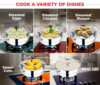 Vinod Stainless Steel Deluxe Multi Kadai with 6 Plates - 26cm, 2 Idli, 2 Dhokla,1 Patra and 1 Mini Idli Plate | Dhokla and Momos Steamer, Maker,Induction Friendly, 3.8 litres