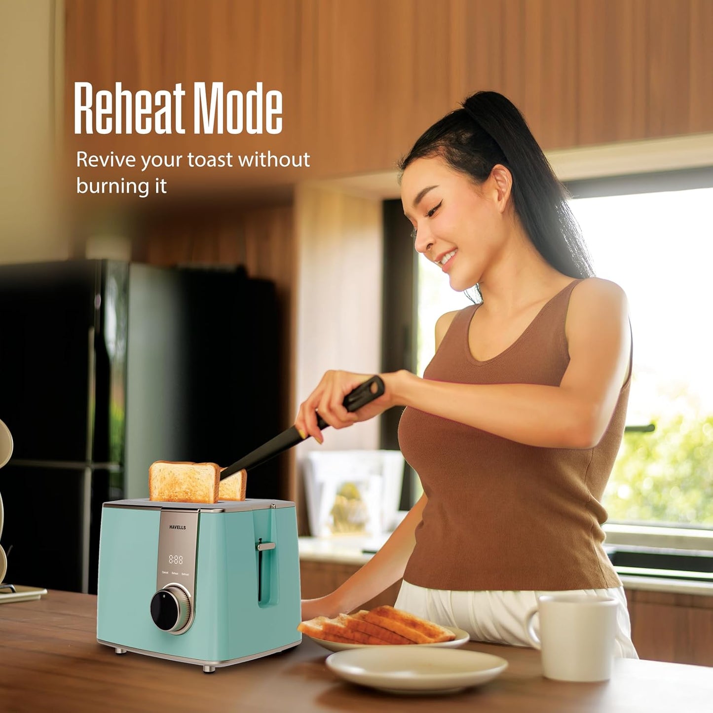 Havells Craft Pop Up Toaster | Display Panel with Touch Control | Custom Browning Level with Timer | Defrost Mode | Reheat Mode | Intelligent Operation (Blue & Gold)
